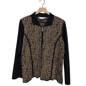 Misook Black and Brown Patterned Zip-Front Knit Jacket